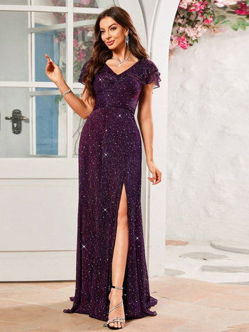 Split Shiny Round Sequin Dress With Flutter Sleeve