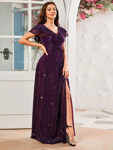 Split Shiny Round Sequin Dress With Flutter Sleeve
