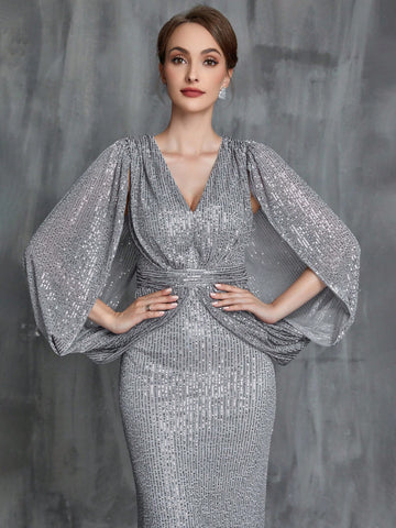 Split Sleeve Sequin Mermaid Hem Mother of the Bride Dress