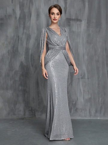Split Sleeve Sequin Mermaid Hem Mother of the Bride Dress