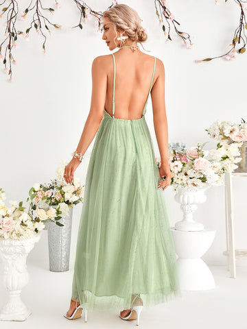 Split Thigh Backless Cami Mesh Bridesmaid Dress