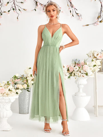 Split Thigh Backless Cami Mesh Bridesmaid Dress