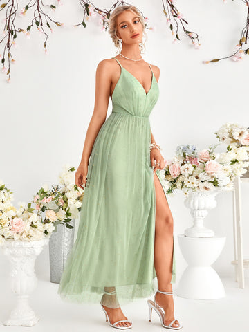Split Thigh Backless Cami Mesh Bridesmaid Dress