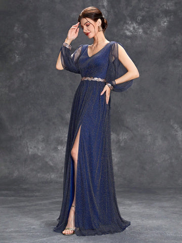 Split Thigh Glitter Bridesmaid Dress With Belt