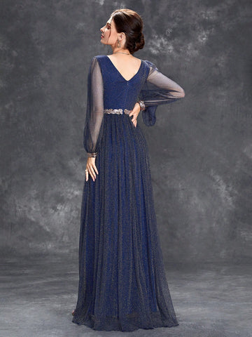 Split Thigh Glitter Bridesmaid Dress With Belt