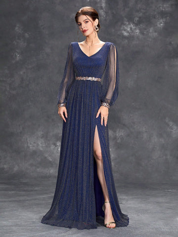 Split Thigh Glitter Bridesmaid Dress With Belt