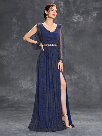 Split Thigh Glitter Bridesmaid Dress With Belt