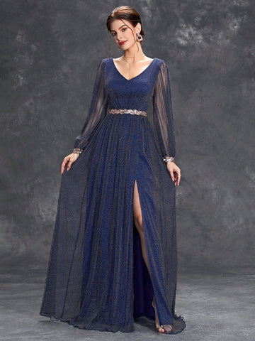 Split Thigh Glitter Bridesmaid Dress With Belt