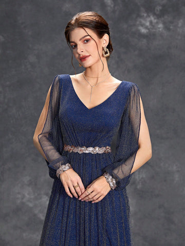 Split Thigh Glitter Bridesmaid Dress With Belt