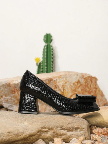 Spring/Autumn 2024 Fashion Thick Heel Women's Pumps, Square Toe High Heels Shoes, Retro Bow