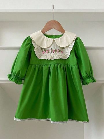 Spring/Autumn Girls' Peter Pan Collar Embroidered Princess Dress