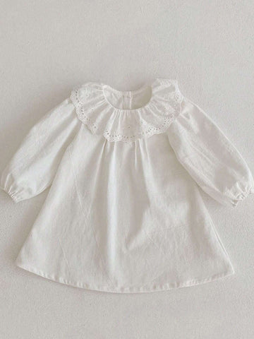 Spring/Autumn Girls' Solid Color Princess Dress With Lace Lantern Sleeves