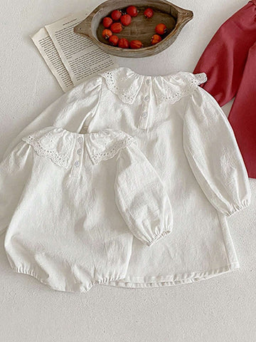 Spring/Autumn Girls' Solid Color Princess Dress With Lace Lantern Sleeves