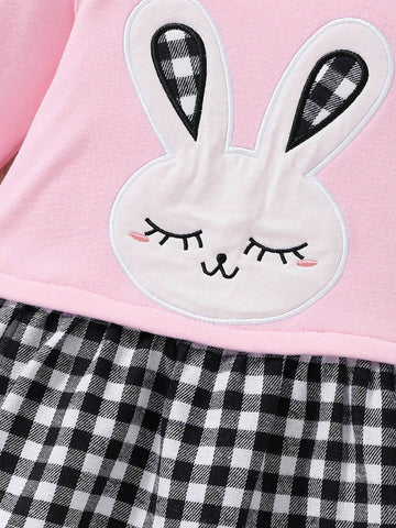 Spring/Autumn New Girls Cartoon Rabbit Embroidery Plaid Patchwork Holiday Easter Dress