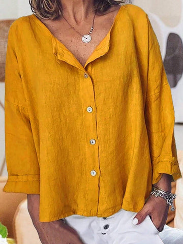 Spring/Summer Casual Solid Color Button Front Long Sleeve Shirt