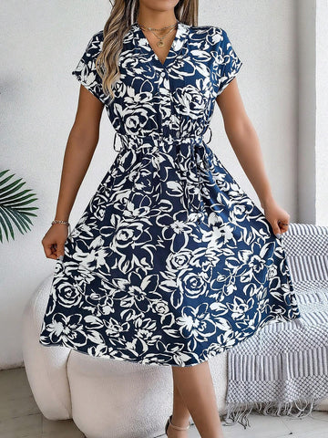 Spring/Summer Casual V-Neck Button-Up Batwing Sleeve Flower Print Swing Dress
