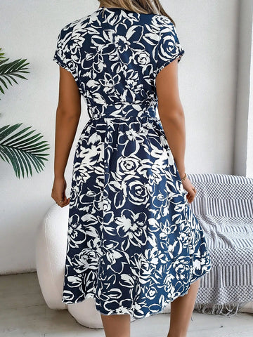 Spring/Summer Casual V-Neck Button-Up Batwing Sleeve Flower Print Swing Dress