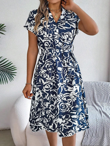 Spring/Summer Casual V-Neck Button-Up Batwing Sleeve Flower Print Swing Dress