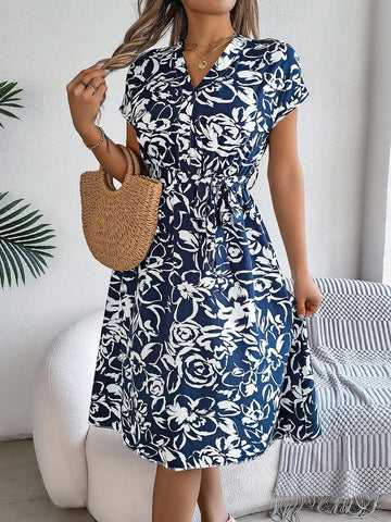 Spring/Summer Casual V-Neck Button-Up Batwing Sleeve Flower Print Swing Dress