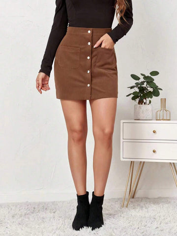 Spring/Summer Corduroy Pencil Skirt With Pockets, Single Breasted, Solid Color