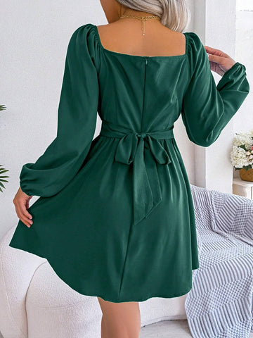 Spring/Summer European & American Style Casual Solid Color Square Neckline With Ruffle Trim Tied Waist & Bowknot Decorated Big Hem Dress