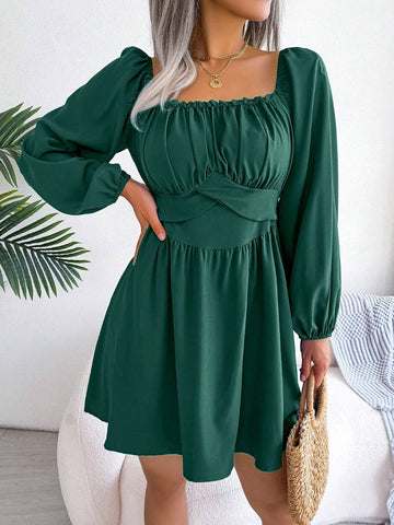 Spring/Summer European & American Style Casual Solid Color Square Neckline With Ruffle Trim Tied Waist & Bowknot Decorated Big Hem Dress