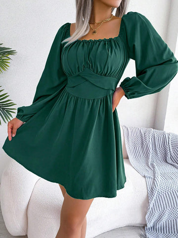 Spring/Summer European & American Style Casual Solid Color Square Neckline With Ruffle Trim Tied Waist & Bowknot Decorated Big Hem Dress