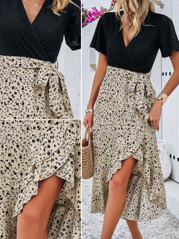 Spring/Summer Foreign Trade Temperament Color Block V-Neck Slim Fit Dress
