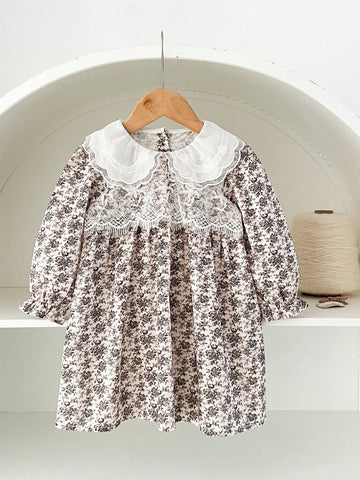Spring/Summer Girls Lace Collar Ditsy Floral Long Sleeve Knee-Length Dress, Little Lady Style