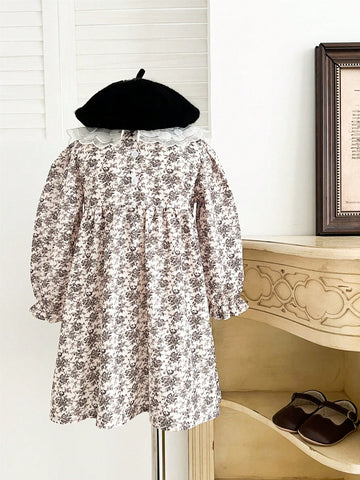 Spring/Summer Girls Lace Collar Ditsy Floral Long Sleeve Knee-Length Dress, Little Lady Style