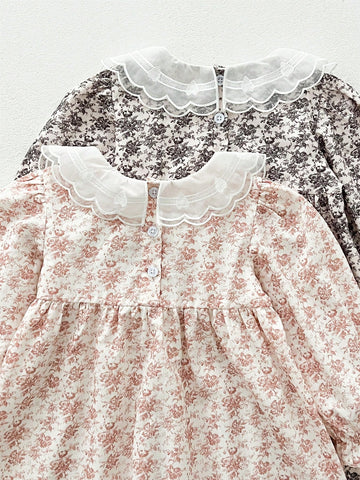 Spring/Summer Girls Lace Collar Ditsy Floral Long Sleeve Knee-Length Dress, Little Lady Style