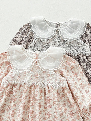Spring/Summer Girls Lace Collar Ditsy Floral Long Sleeve Knee-Length Dress, Little Lady Style