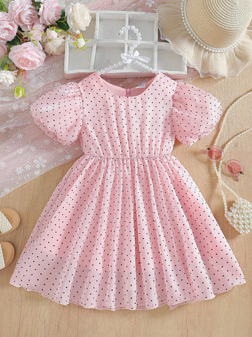 Spring/Summer New Style Girls Cute Polka Dot Puff Sleeve Dress