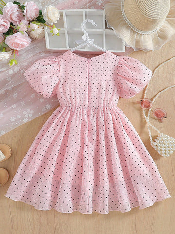 Spring/Summer New Style Girls Cute Polka Dot Puff Sleeve Dress