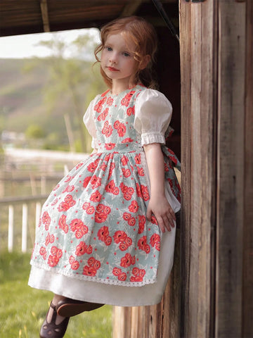 Spring/Summer New Young Girls Floral 2 In 1 Puff Sleeve Dress