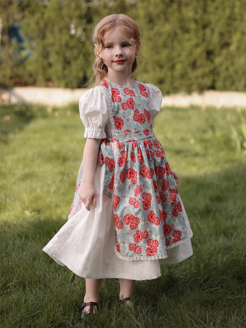 Spring/Summer New Young Girls Floral 2 In 1 Puff Sleeve Dress