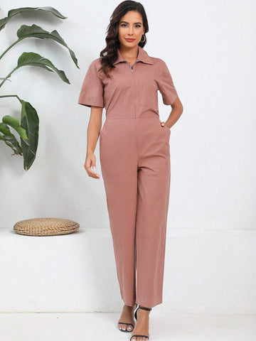 Spring/Summer Women Short Sleeve Jumpsuit Elegant Zipper Closure One Piece Pantsuit For Casual Wear