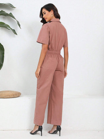 Spring/Summer Women Short Sleeve Jumpsuit Elegant Zipper Closure One Piece Pantsuit For Casual Wear