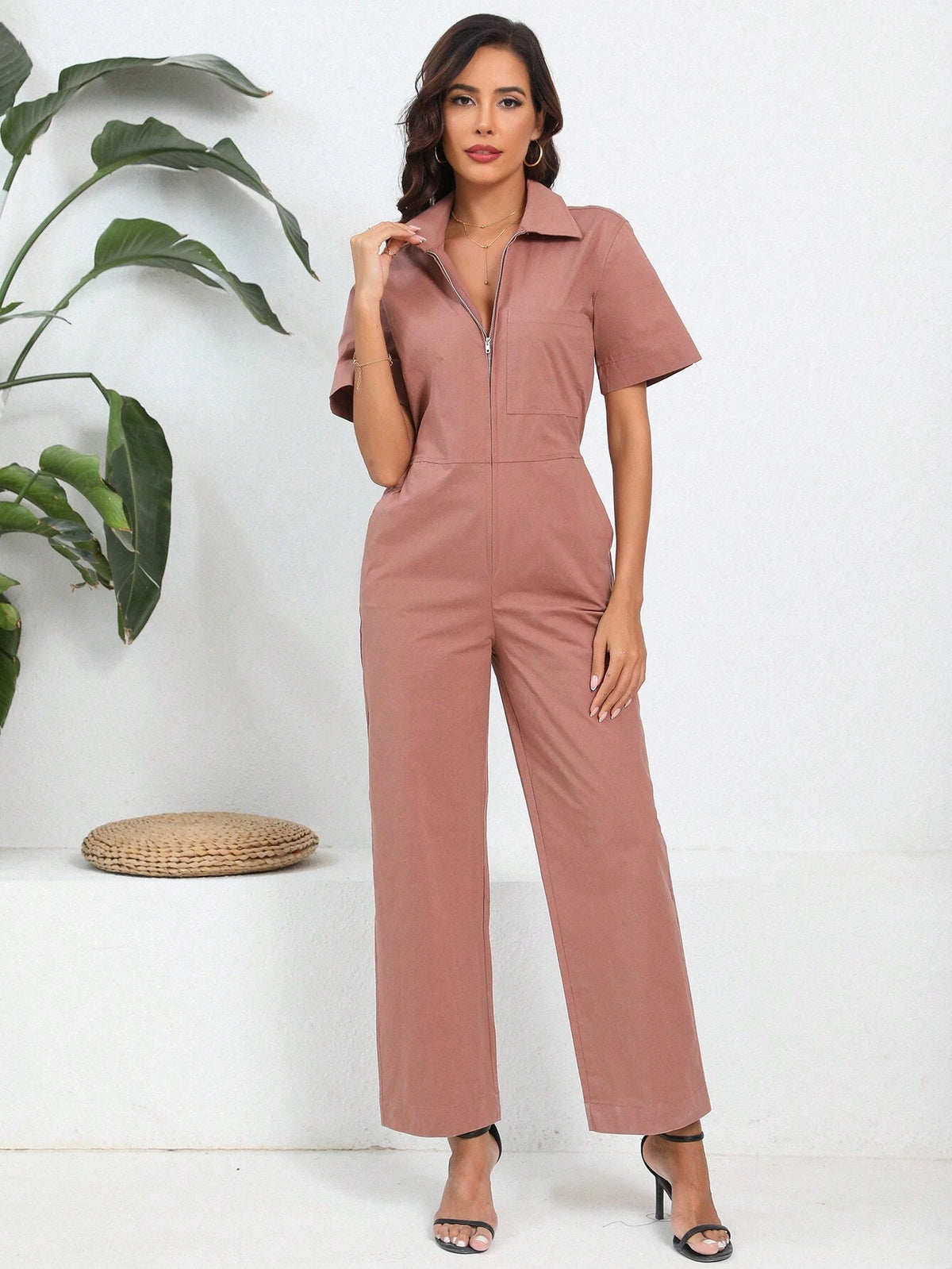 Spring/Summer Women Short Sleeve Jumpsuit Elegant Zipper Closure One Piece Pantsuit For Casual Wear