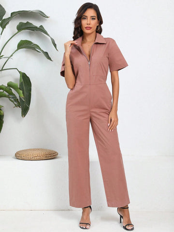 Spring/Summer Women Short Sleeve Jumpsuit Elegant Zipper Closure One Piece Pantsuit For Casual Wear