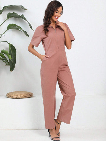 Spring/Summer Women Short Sleeve Jumpsuit Elegant Zipper Closure One Piece Pantsuit For Casual Wear