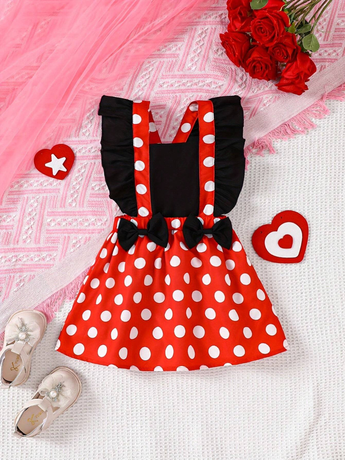 Spring/Summer Young Girl's Polka Dot Print Dress With Bow Decoration And Ruffled Hemline