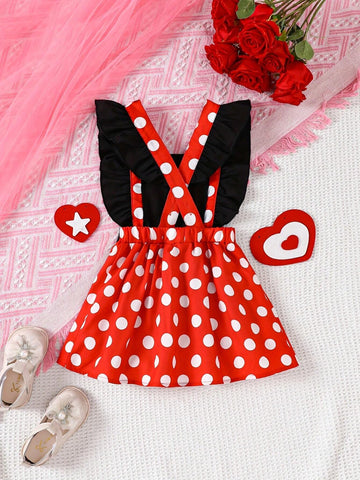 Spring/Summer Young Girl's Polka Dot Print Dress With Bow Decoration And Ruffled Hemline