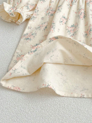 Spring And Autumn Girls' Long Sleeve Square Collar Floral Dress With Petal Sleeves