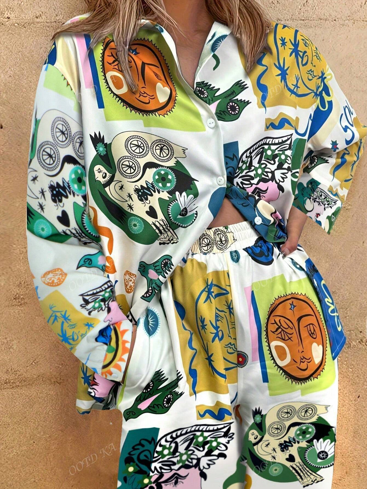 Spring And Autumn New Fashion Women's Clothing Casual Elegant Abstract Graffiti Design Random Print Pattern Button Long Sleeve Shirt Pants Suit