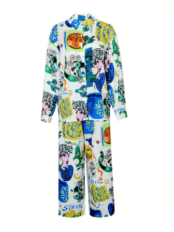 Spring And Autumn New Fashion Women's Clothing Casual Elegant Abstract Graffiti Design Random Print Pattern Button Long Sleeve Shirt Pants Suit