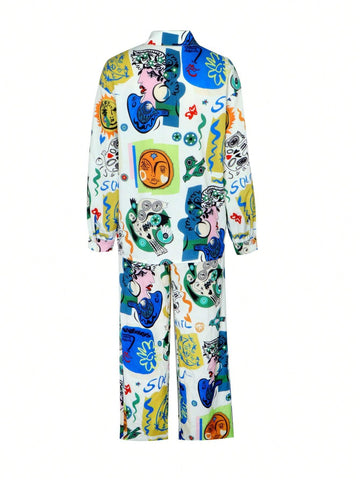 Spring And Autumn New Fashion Women's Clothing Casual Elegant Abstract Graffiti Design Random Print Pattern Button Long Sleeve Shirt Pants Suit