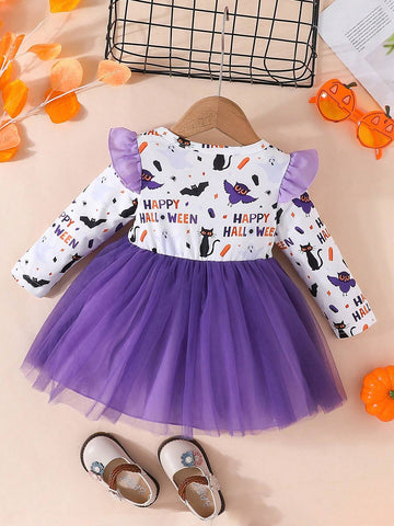 Spring And Autumn Sweet Girl Halloween Bat And Cat Print Long Sleeve Mesh Skirt Simple Foreign Style Dress