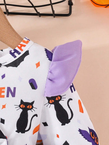 Spring And Autumn Sweet Girl Halloween Bat And Cat Print Long Sleeve Mesh Skirt Simple Foreign Style Dress