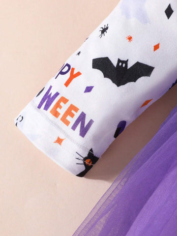 Spring And Autumn Sweet Girl Halloween Bat And Cat Print Long Sleeve Mesh Skirt Simple Foreign Style Dress